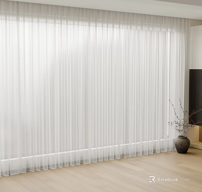 White Sheer Curtains With Elegant Pleats In Modern Living Room Wooden Floor Decorative Vase 3d model 