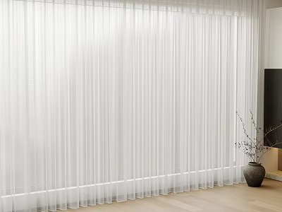 White Sheer Curtains With Elegant Pleats In Modern Living Room Wooden Floor Decorative Vase 3d model