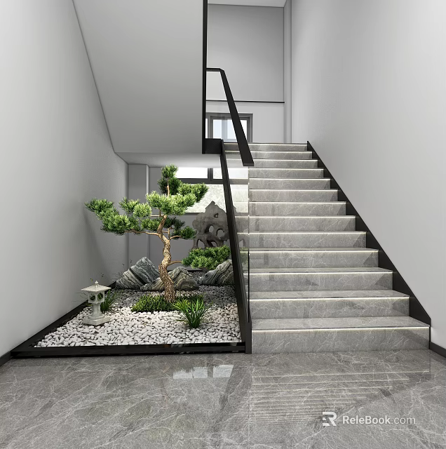 Modern Staircase Design With Marble Steps And Indoor Garden Elements 3d model