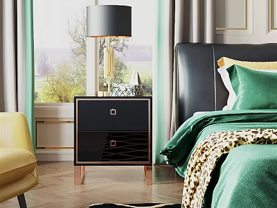Modern Black Double Drawer Bedside Table With Gold Table Lamp And Green Bedding In Bedroom 3d model