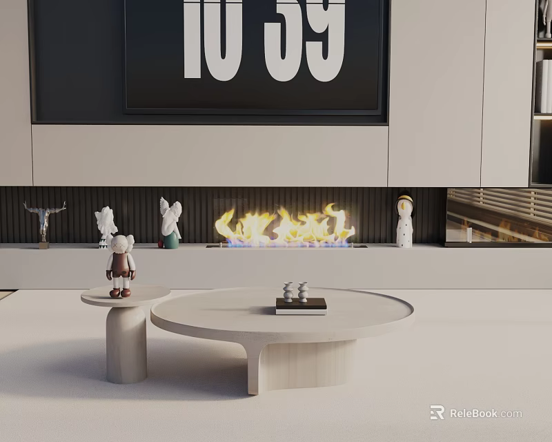 Modern Minimalist Coffee Table In Living Room With Fireplace Clock And Decorations 3d model 