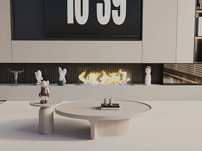 Modern Minimalist Coffee Table In Living Room With Fireplace Clock And Decorations 3d model