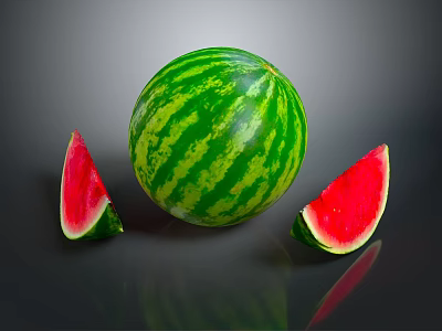 Fresh Whole Watermelon With Red Flesh And Green Striped Slices On Gray Background 3d model