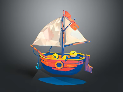 Sailboat In Low Poly Style With Orange Blue Hull Yellow Accents White Sails And Flag 3d model