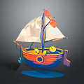 Sailboat In Low Poly Style With Orange Blue Hull Yellow Accents White Sails And Flag