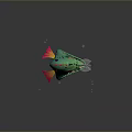 Green Fish Like Creature With Red Yellow Fins Sharp Teeth And Glowing Antenna Underwater Bubbles