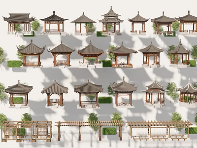 Traditional Chinese Wooden Pavilions And Pergolas With Green Plants Various Styles 3d model