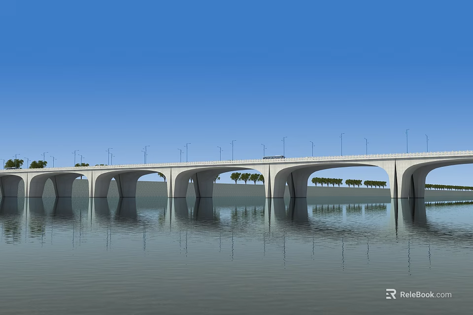 Concrete Arch Bridge With Street Lamps Over Calm Water Under Blue Sky 3d model 