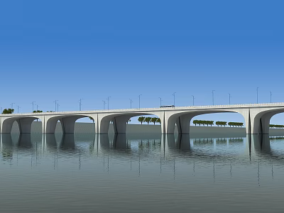 Concrete Arch Bridge With Street Lamps Over Calm Water Under Blue Sky 3d model