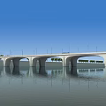 Concrete Arch Bridge With Street Lamps Over Calm Water Under Blue Sky