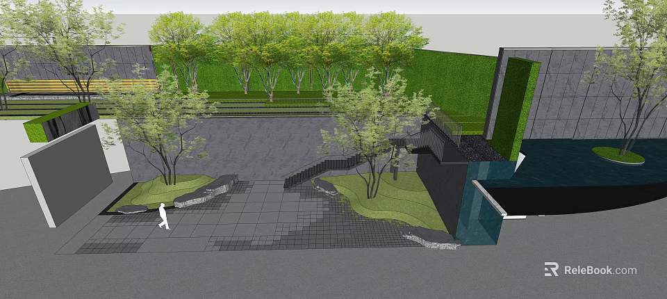 Tranquil Garden Landscape With Lush Trees Paved Pathway And Green Lawn 3d model 