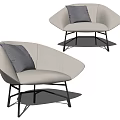 Modern Minimalist Accent Chair with Beige Fabric Upholstery Gray Cushion and Black Metal Frame