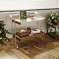 Modern Side Table with Transparent Top Wooden Shelf Metal Frame on Wheels Living Room