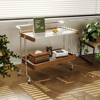 Modern Side Table with Transparent Top Wooden Shelf Metal Frame on Wheels Living Room 3d model