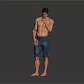 Shirtless Man Standing Full Body in Blue Denim Shorts and Barefoot