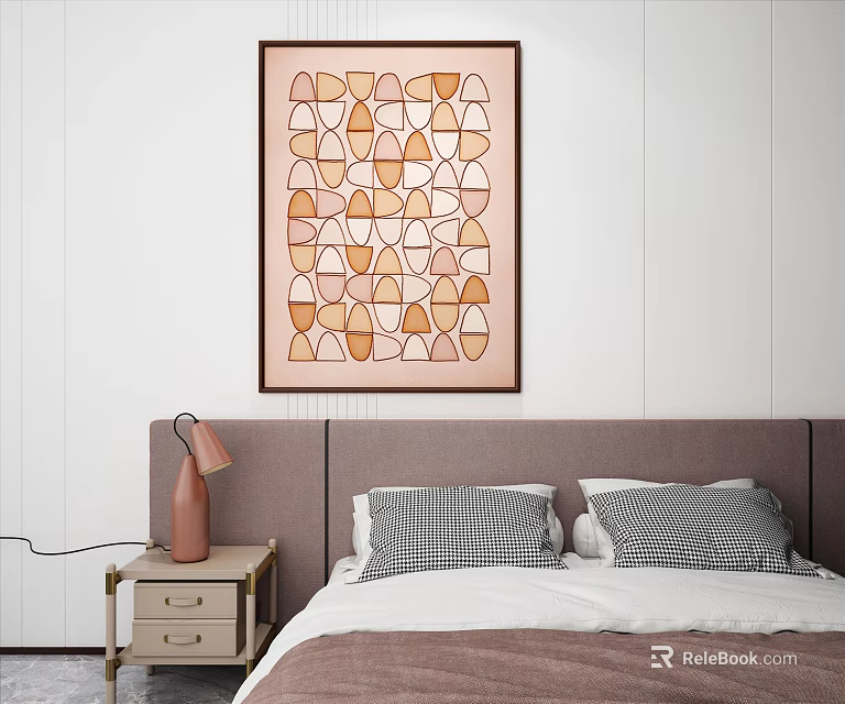 Modern Bedroom With Gray Headboard Pink Table Lamp And Geometric Wall Art 3d model 