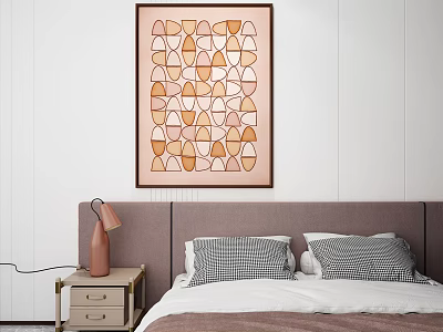 Modern Bedroom With Gray Headboard Pink Table Lamp And Geometric Wall Art 3d model