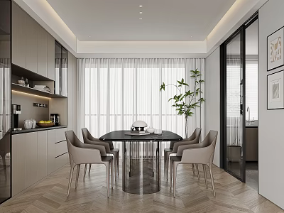 Modern Restaurant Interior With Black Round Dining Table Beige Chairs Large Windows And Green Plant 3d model