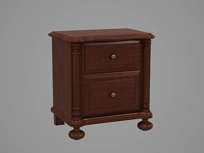 Classic Brown Wooden Bedside Table With Two Drawers Decorative Columns And Pedestal Base 3d model