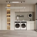 Modern Home Balcony Laundry Space With Double Washing Machines Cabinets Open Shelves And Wooden Floor