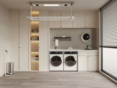 Modern Home Balcony Laundry Space With Double Washing Machines Cabinets Open Shelves And Wooden Floor 3d model