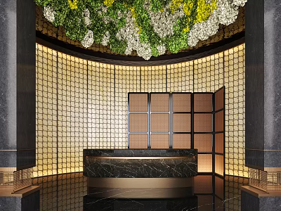 Modern Luxury Front Desk Reception With Marble Counter And Grid Backdrop Ceiling Greenery 3d model
