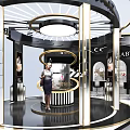Modern Exhibition Booth Design With Black Gold Curved Structure And Display Cabinets