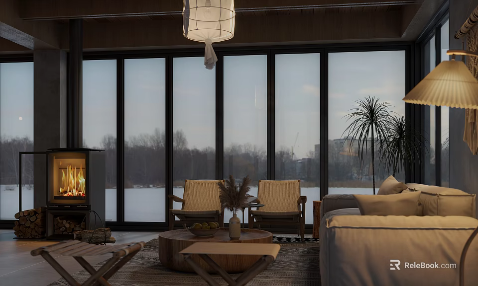 Modern Cozy Living Dining Room With Large Panoramic Lake View Windows Comfortable Furniture And Fireplace 3d model 