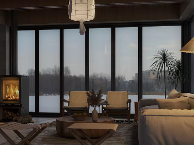 Modern Cozy Living Dining Room With Large Panoramic Lake View Windows Comfortable Furniture And Fireplace 3d model