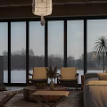 Modern Cozy Living Dining Room With Large Panoramic Lake View Windows Comfortable Furniture And Fireplace