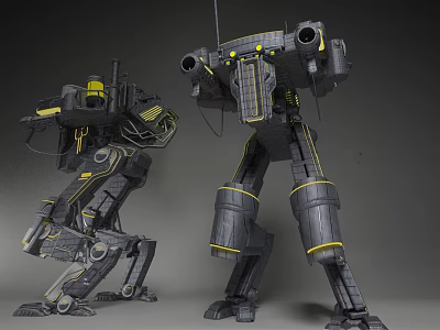 Intelligent Robotic Machines with Mechanical Legs Cannons and Yellow Accents in Industrial Sci Fi Design 3d model