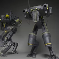 Intelligent Robotic Machines with Mechanical Legs Cannons and Yellow Accents in Industrial Sci Fi Design