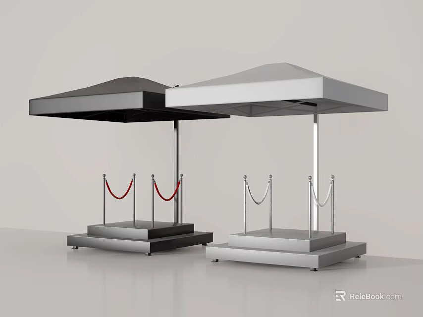Modern Exhibition Display Stands With Black Gray Canopies Red Rope Barriers And Pedestal Bases 3d model 