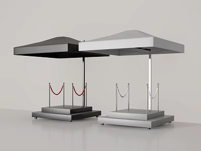 Modern Exhibition Display Stands With Black Gray Canopies Red Rope Barriers And Pedestal Bases 3d model