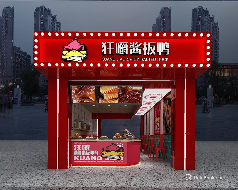 Sauce Duck Shop With Red Illuminated Signboard Cartoon Duck Logo And Displayed Dishes Outdoor 3d model 