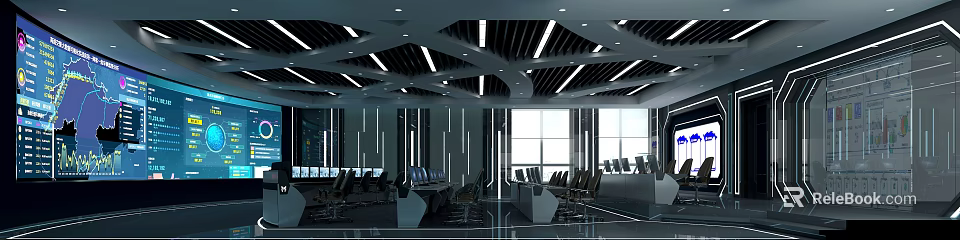 Modern Monitoring Room Interior With Computer Consoles Large Windows Ceiling Light Strips And Office Chairs 3d model 