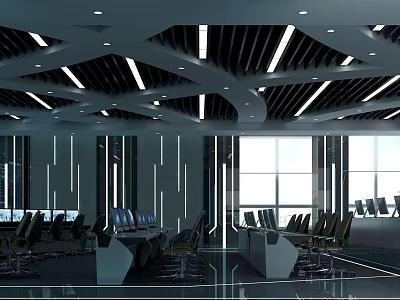 Modern Monitoring Room Interior With Computer Consoles Large Windows Ceiling Light Strips And Office Chairs 3d model