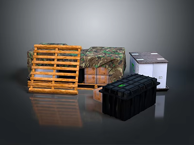 Storage Components Scene Including Wooden Pallet Camouflage White And Black Boxes 3d model