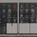 Modern Display Shelves With Glass Doors And Multiple Tiers Displaying Robot Models