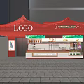 Traditional Chinese Style Restaurant Exterior With Red Roof Green Awning And Food Display Counter