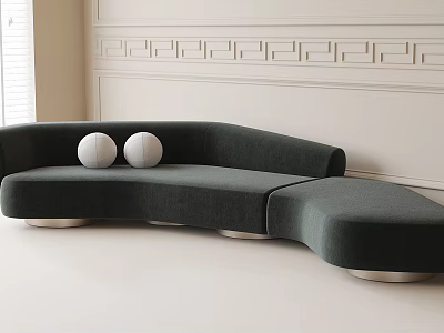 Curved Shape Dark Green Sofa With Two White Spherical Pillows And White Wall Molding 3d model