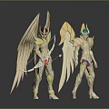 Game Movie Characters In Golden White Armor With Angelic Wings And Mythical Design