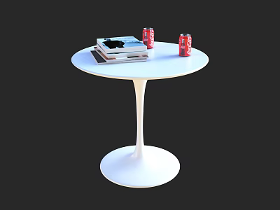 White Round Table With Stacked Books And Red Cans On Top 3d model