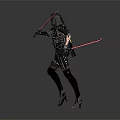 Game Movie Female Character With Long Black Hair In Combat Armor Red Swords Battle Stance