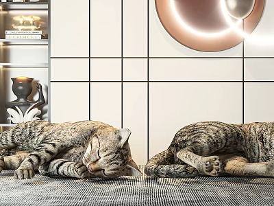 Two Reptiles Resting on Carpet in Modern Interior with Grid Wall and Decor 3d model