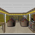 Mall Grocery Store Interior With Round Fruit Display Stands And Product Shelves