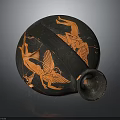 Ancient Black Vase with Intricate Orange Sculpted Mythological Figures and Winged Creatures