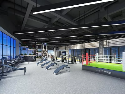 Modern Spacious Fitness Gym Interior With Workout Equipment Boxing Ring And Large Windows 3d model