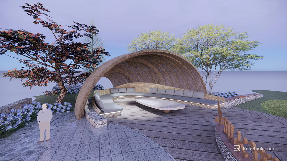Curved Pergola On Wooden Deck With Seating Surrounded By Red Green Trees 3d model 