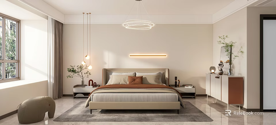 Modern Minimalist Bedroom Interior With Bed Pillows Nightstands LED Strip Light Chandelier And Potted Plant 3d model 